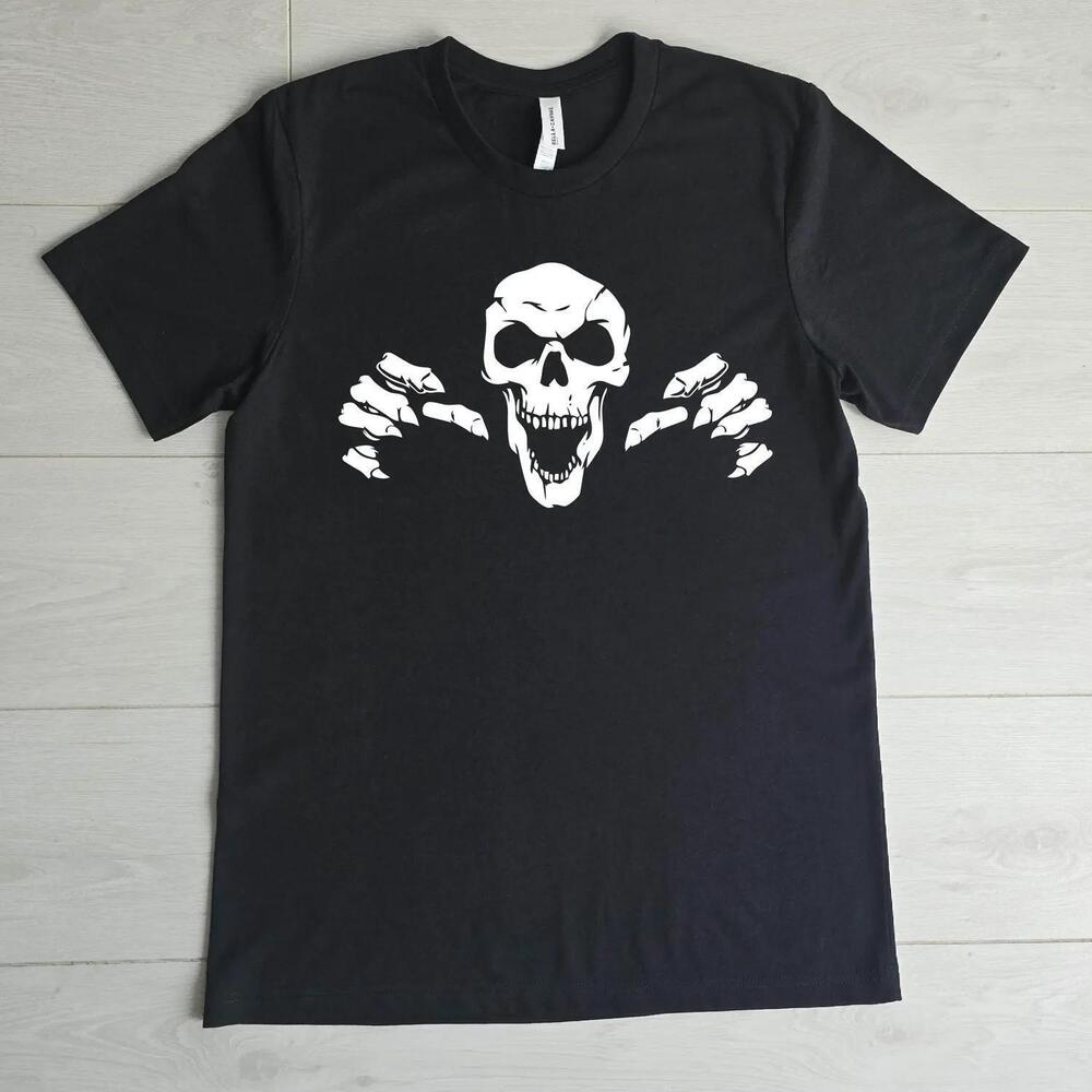 Scary Skull Halloween T-Shirt, Gothic Bony Hands Graphic Tee, Spooky
